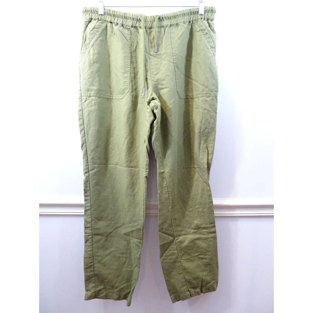 Quince Olive Green Linen Blend Drawstring Elastic Waist Patch Pocket Pants L